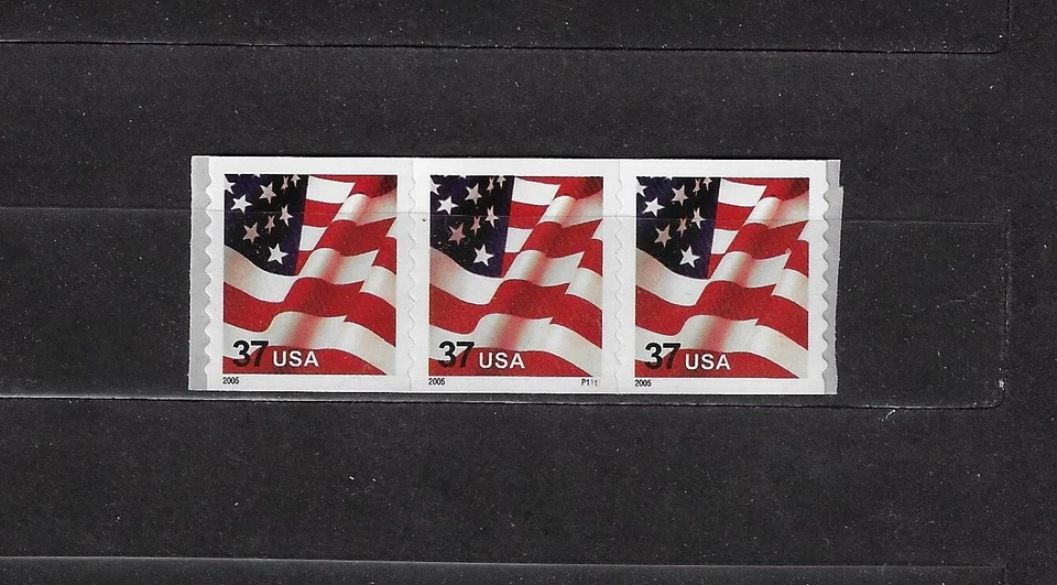 37¢ Flag Coil–2005 date and USPS Microprint(Scott 3633B)–Plate# Strip of 3-MNH - Image 1 of 1