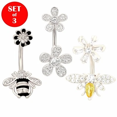 Anillos para el vientre de acero quirúrgico con flores, abejas y mariposas - Juego de 3 Foto 1 de 4