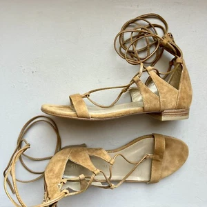 Stuart Weitzman Camel Suede Boho Lace Up Flat Sandals Zip Back Women’s Size 5 M - Picture 1 of 18