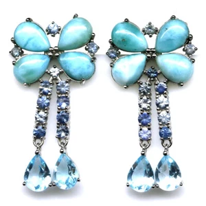 Piedra Preciosa Azul Larimar, Topacio & Sapphire Pendientes 925 Plata Oro Blanco - Imagen 1 de 4
