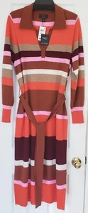 New Charter Club XL US 100%Cashmere Orange/Brown/Maroon Striped Midi/Sash Dress - Picture 1 of 7