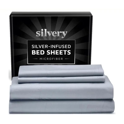 Silvery Bed Sheets Queen Size Silver Infused Microfiber Soft Hypoallergenic - Image 1 of 4