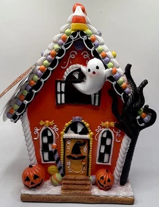 NEU gruselig orange weiß Glitzer LED beleuchtet Halloween Lebkuchenhaus Deko - Bild 1 von 17