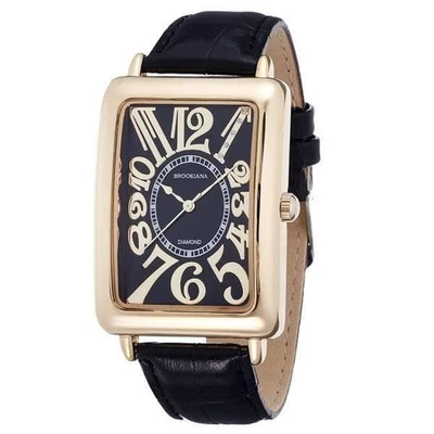 Reloj Brookiana de cuarzo para hombre 3 manecillas esfera negra marco dorado cuero marrón Foto 1 de 3