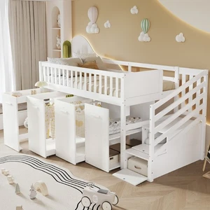 Kinderbett Hochbett 90x200cm mit Ausziehbarer Tisch, Schrank & Stauraumtreppe - Bild 1 von 16