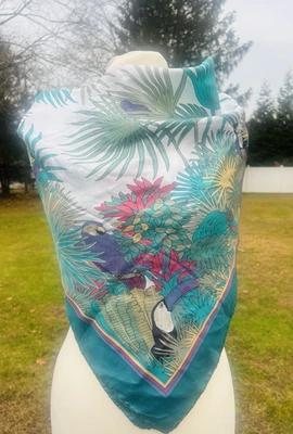Vtg  80's Hand Rolled Silk Scarf Italy 33" Sq. Vibrant Tropical Theme Print - Image 1 of 4