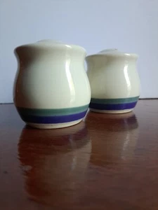 Pfaltzgraff Denim Salt and Pepper Shakers Blue Band Lines White & Blue - Picture 1 of 12