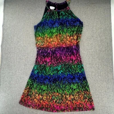 London Times Sleeveless Dress 10 petite Vibrant Colors Halter Neckline Leaves - Image 1 of 4