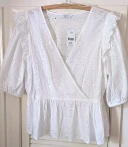NEW Matalan Debenhams Pretty White Cotton Versatile Wrap Top Frilled Blouse 18 - Picture 1 of 5