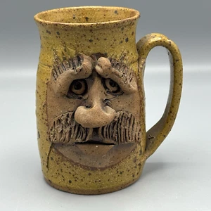 Ugly Face Character Mug Stoneware Pottery Mustache Man Signed Claymates USA - Imagen 1 de 12