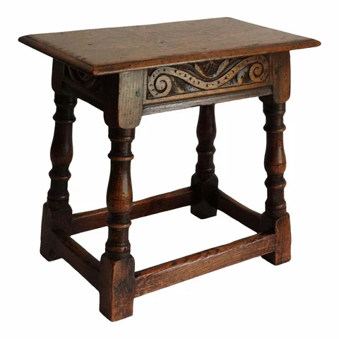 Antique English Elm Pegged Joint Stool Hand Carved Cover