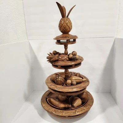 Juego de frutas talladas a mano Lazy Susan de 4 niveles madera vaina de mono vintage 15 piezas cuenco decorativo Foto 1 de 4