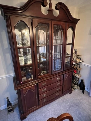 Dining Table + Matching China Hutch + 6 Dining Chairs With Cherry Finish - Image 1 of 4