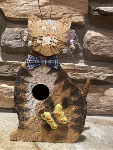 Striped Cat Hand Crafted Bird House Butterfly. Metal Wood 10” Cover