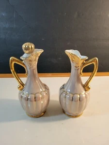 2er Set Vintage Beige Gold Glanzgeschirr Porzellan Öl & Essig Krüge 1 Stopfen - Bild 1 von 9