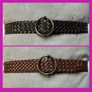 Reversible Chestnut Brown/Black Woven Leather Belt 1.75”x42.5” Circle Buckle EUC - Picture 1 of 17