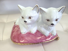 Vintage White Porcelain kittens On pink Cushion Cat figurine