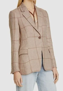 $3495 Brunello Cucinelli Women Brown Plaid Linen Monili Jacket Blazer EU 40/US 4 - Picture 1 of 6