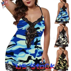 Plus Size Womens Lace Camo Nightdress Robe Lingerie Underwear Camisole Sleepwear - Picture 1 of 11