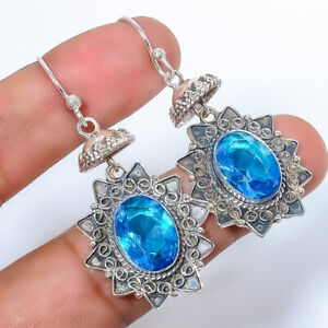 Blue Topaz (Simulated) Gemstone 925 Sterling Silver Bali Earring 1.76" A325