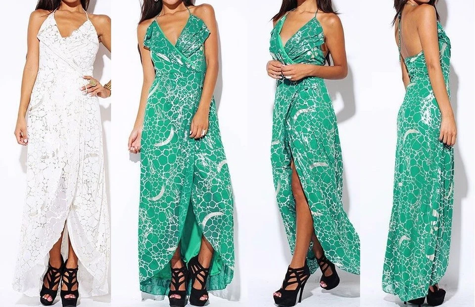 Metallic Crackle Long Lined Chiffon Hi-Low Split Front Halter Maxi Dress - Image 1 of 1