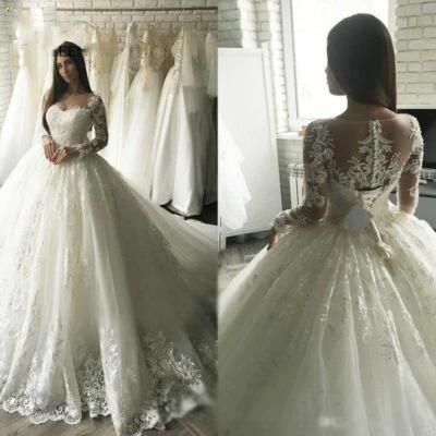 Princess Wedding Dresess With Long Sleeves Sweep Train Luxury Bridal Gown - Image 1 of 4