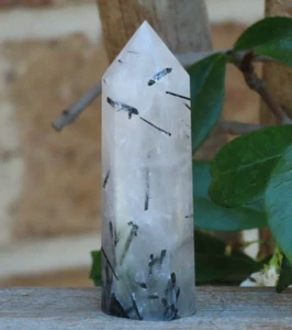 Black Tourmaline in Quartz Crystal Polished Generator Point 81mm Tall 83 Grams - Picture 1 of 12