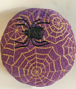 INDIA Halloween Spider & Web Beaded 15” Round Decorative pillow-New - Picture 1 of 4