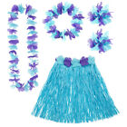 Damen Hawaii Set blau Aloha Kostüm Hularock Bast Rock Bastrock Hawaiirock Blumen