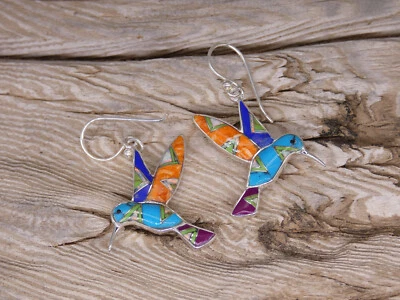 Hummingbird Sterling Silver Multi Gemstone & Opal Inlayed Colorful Earrings U25 - Image 1 of 4