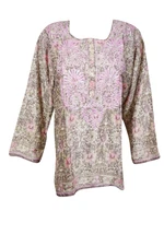 Boho Pink Tunic Top Embroidered Handmade Prints Soft Silk Blouse Travel Shirt XL