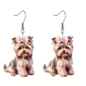 Stylish Yorkshire Terrier Dog Design Dangle Earrings Cute Pink Flower Gift New - Picture 1 of 4