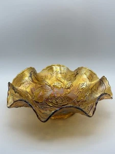 Imperial Lustre Rose Ruffled Bowl Carnival Glass American Beauty Marigold 9” VTG - Picture 1 of 10