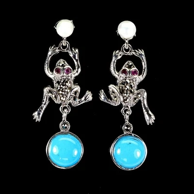 925 Sterling Silver Earrings Round Turquoise Stabilized Ruby Pearl Gemstone Jewe - Image 1 of 4