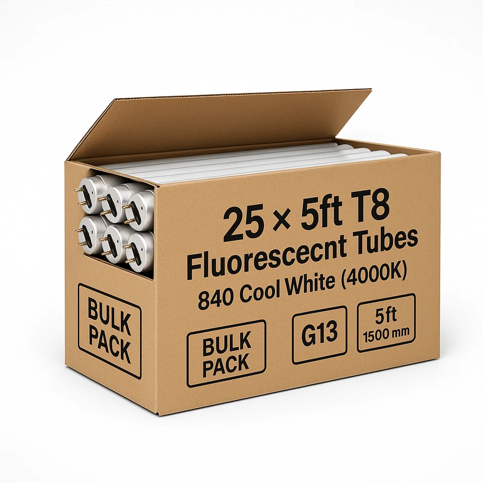 Pack of 25 × 5ft T8 Fluorescent Tubes 58W – 840 Cool White 4000K – G13 Fitting - Image 1 of 3