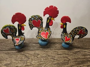3 VINTAGE GOOD LUCK ROOSTERS HANDPAINTED CLAY, CERAMIC FOLKART - Picture 1 of 7