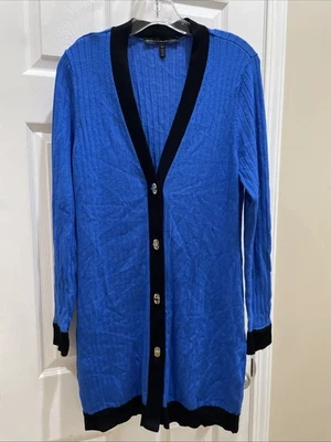 White House Black Market Sz L Gorgeous blue Black Button Cardigan Sweater - Image 1 of 3