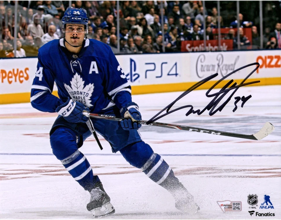 Auston Matthews Toronto Maple Leafs Signed 8" x 10" Blue Jersey Stopping Photo - Image 1 of 1