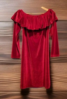 Red Velvet Velour Ruffle Neck Long Sleeve Pencil Dress Shane Lee Sz S Holiday - Image 1 of 4