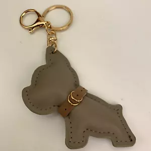 French Bulldog Keychain Bag Charm Frenchie Faux Leather Vegan Dark Tan & Gold - Picture 1 of 5