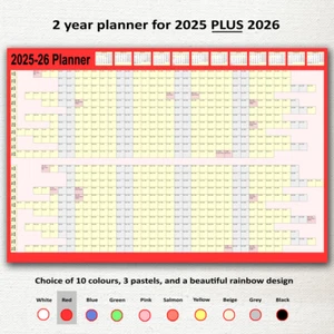 2025 PLUS 2026 (2 year) wall planner calendar 14 colours 4 sizes (rolled/folded) - Picture 1 of 16