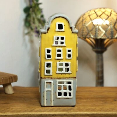 Mustard Yellow Ceramic House Tall Tealight Candle Holder Village Pottery Cottage - Image 1 of 3