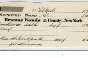 1870 "NEW YORK BOND RECEIPT" (RARE)!! 1870 "NEW YORK BOND RECEIPT" 1870 !! - Picture 1 of 3