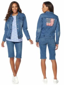 DIANE GILMAN Size XS American Flag Denim Jacket Buttons Pockets CHAMBRAY - Picture 1 of 4