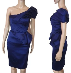 Karen Millen Cocktail Dress Sz 8 purple Satin pleated one shoulder peplum formal - Picture 1 of 8