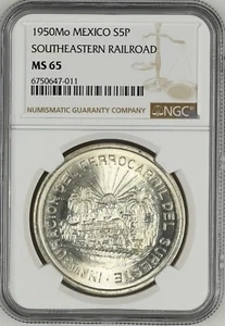 MEXICO $5 Pesos 1950 Silver NGC MS65 Railroad - Picture 1 of 6