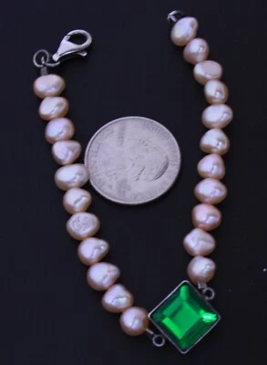 Brazalete Vintage Plata de Ley 925 Perlas de Agua Dulce Lucita Imitación Esmeralda Foto 1 de 4