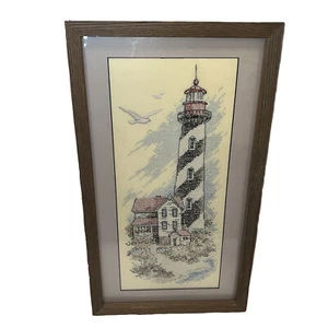 Marco de madera áspera rústico acabado enmarcado punto de cruz escena faro aprox. 11x19 - Imagen 1 de 12