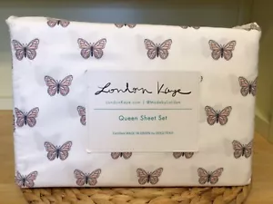 London Kaye Pink Butterflies QUEEN Sheet Set - Picture 1 of 4