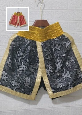 Pantalones Cortos de Lucha Para Hombres Muay Thai Boxeo Satinado Negro Dorado Grandes KickBoxing Shorts Foto 1 de 4
